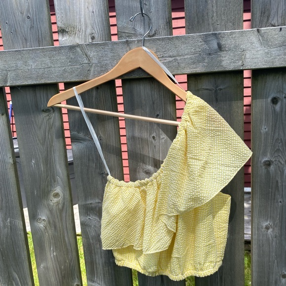 Mink pink yellow gingham one shoulder ruffled crop top - Picture 3 of 5